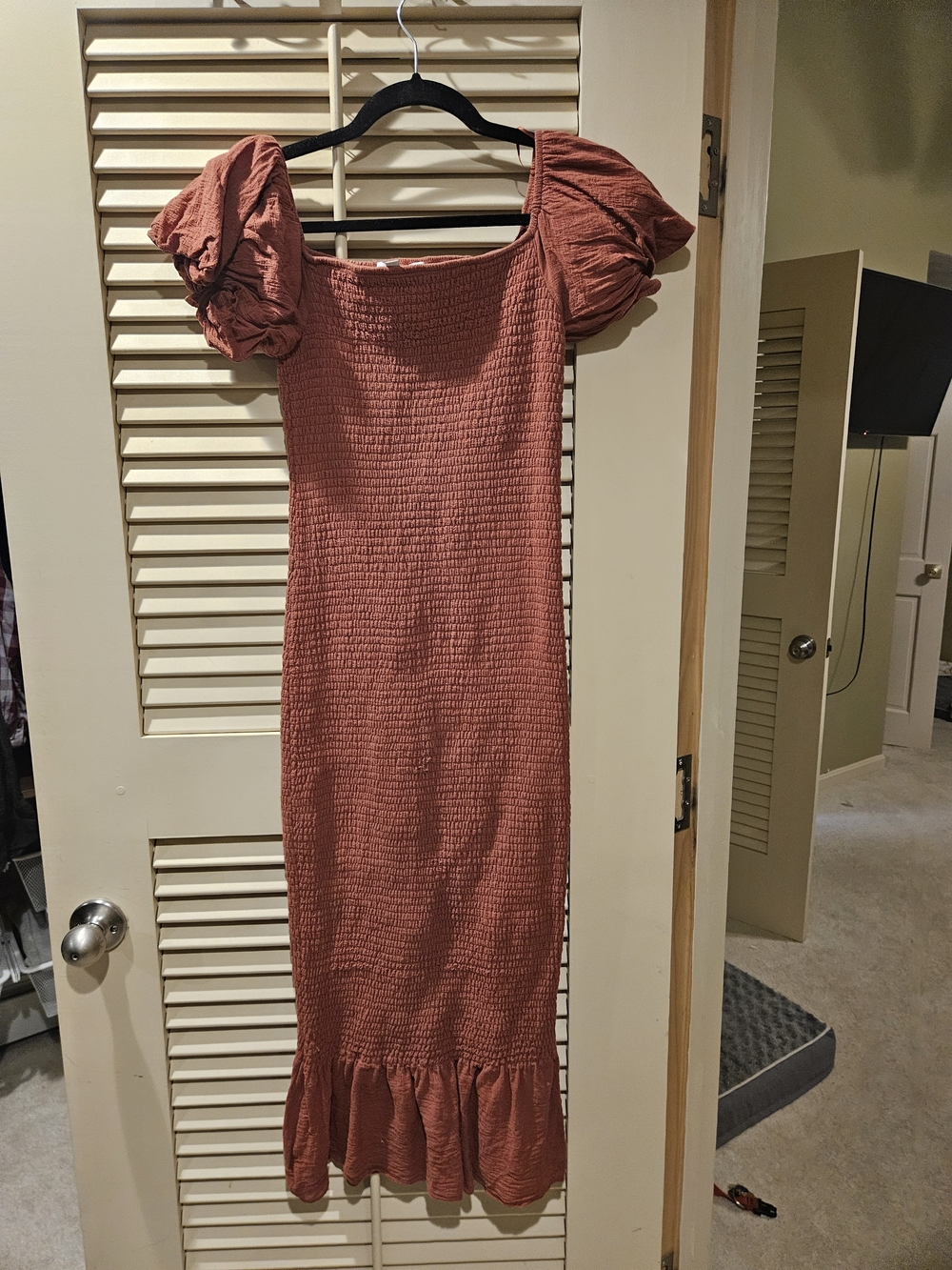Petal & Pup Rust Smocked Midi Dress with Puff Sleeves